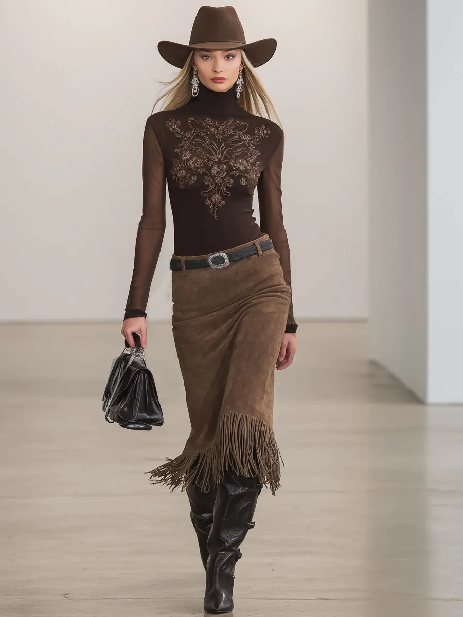 High-neck Embroidered Long-sleeved T-shirt And Faux Suede Tassel Skirt Set sold by Oyrosy product image thumbnail 4