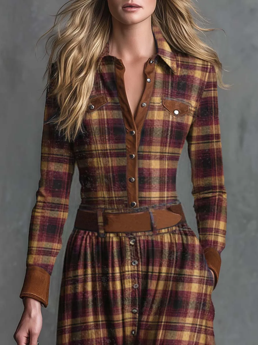 Vintage Western Elegant Lapel Front Button Brown Suede Trim Red Distressed Plaid Maxi Dress sold by Oyrosy product image thumbnail 3