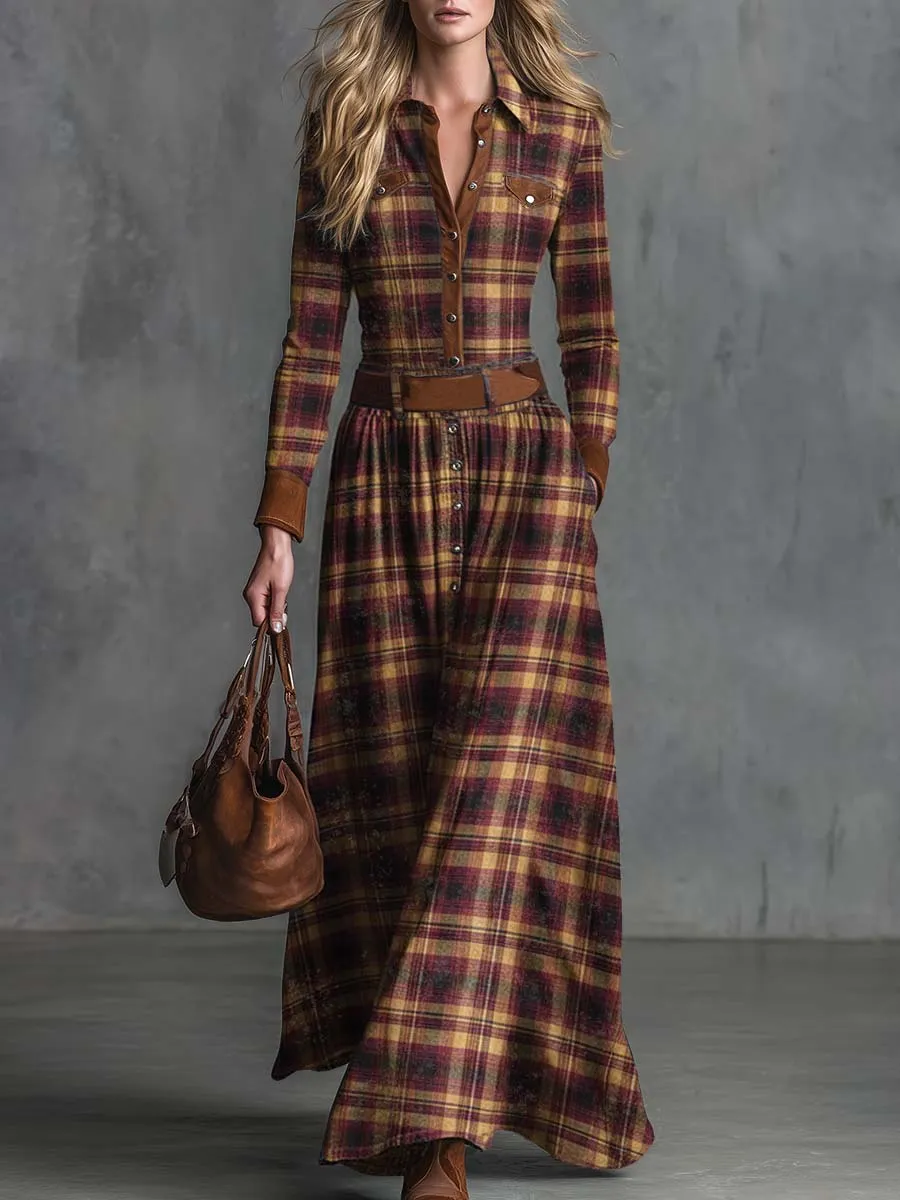 Vintage Western Elegant Lapel Front Button Brown Suede Trim Red Distressed Plaid Maxi Dress sold by Oyrosy