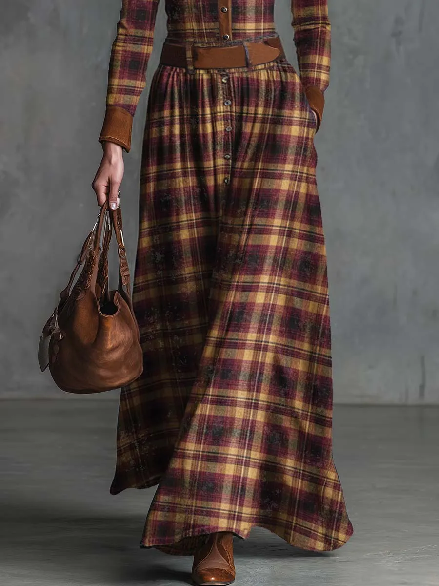 Vintage Western Elegant Lapel Front Button Brown Suede Trim Red Distressed Plaid Maxi Dress sold by Oyrosy product image thumbnail 4