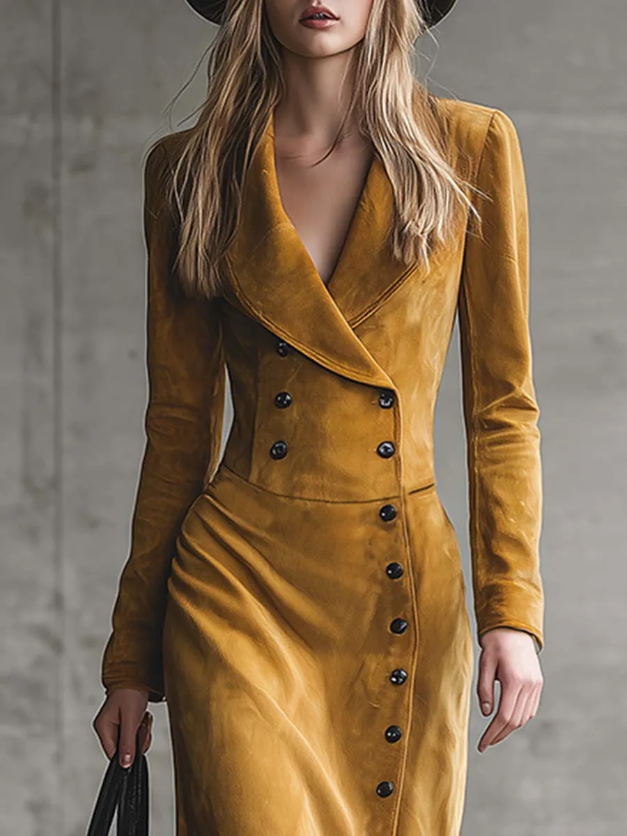 Elegant Retro Western V-neck Diagonal Front Button Slit Yellow Suede Midi Dress sold by Oyrosy product image thumbnail 3