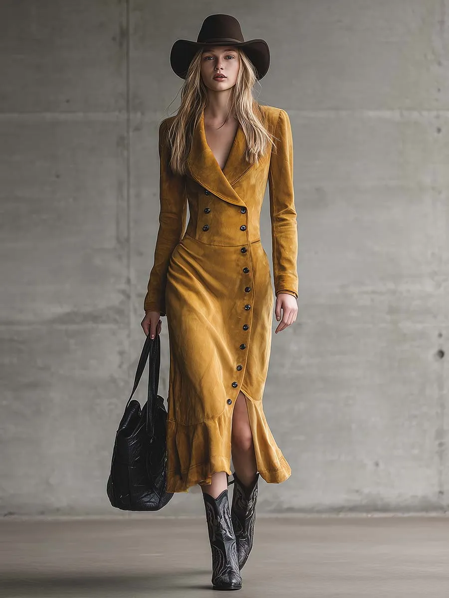 Elegant Retro Western V-neck Diagonal Front Button Slit Yellow Suede Midi Dress sold by Oyrosy product image thumbnail 2