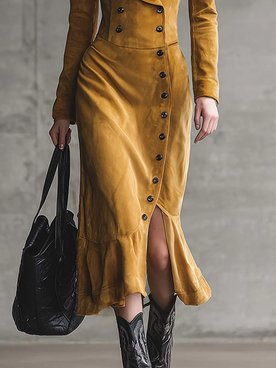 Elegant Retro Western V-neck Diagonal Front Button Slit Yellow Suede Midi Dress sold by Oyrosy product image thumbnail 4