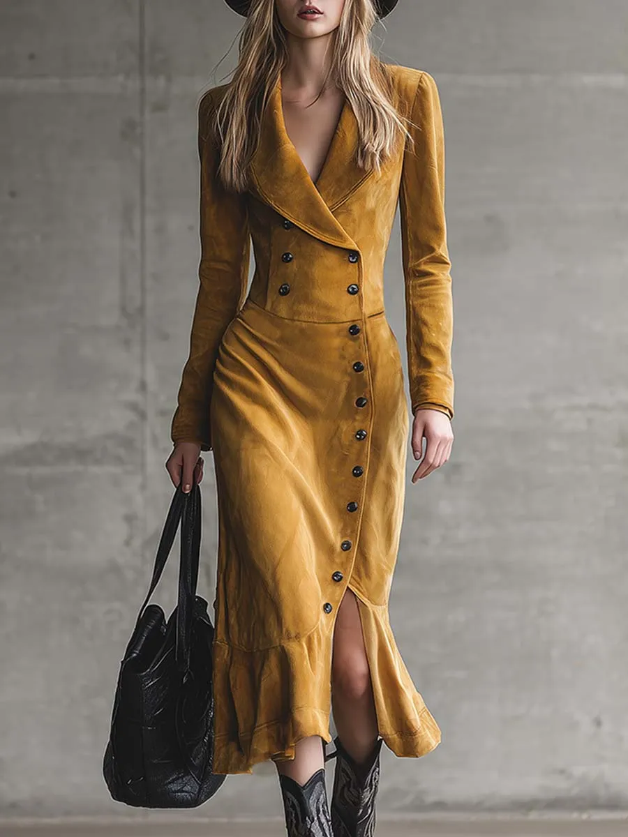 Elegant Retro Western V-neck Diagonal Front Button Slit Yellow Suede Midi Dress sold by Oyrosy