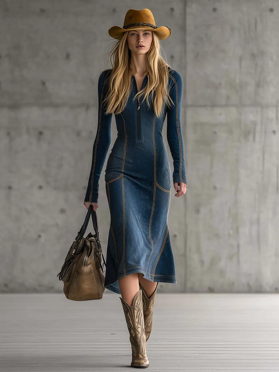 Retro Fashion Sporty Front Zipper Beige Stitching Dark Blue Suede Midi Dress sold by Oyrosy product image thumbnail 2