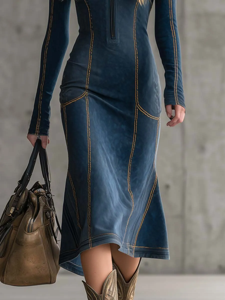 Retro Fashion Sporty Front Zipper Beige Stitching Dark Blue Suede Midi Dress sold by Oyrosy product image thumbnail 4