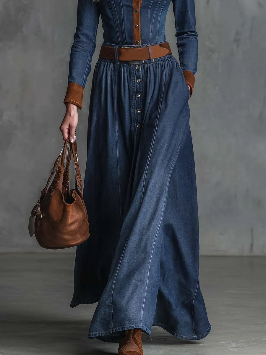 Elegant Retro Western Front Button Brown Suede Trim Dark Blue Denim Maxi Dress sold by Oyrosy product image thumbnail 4