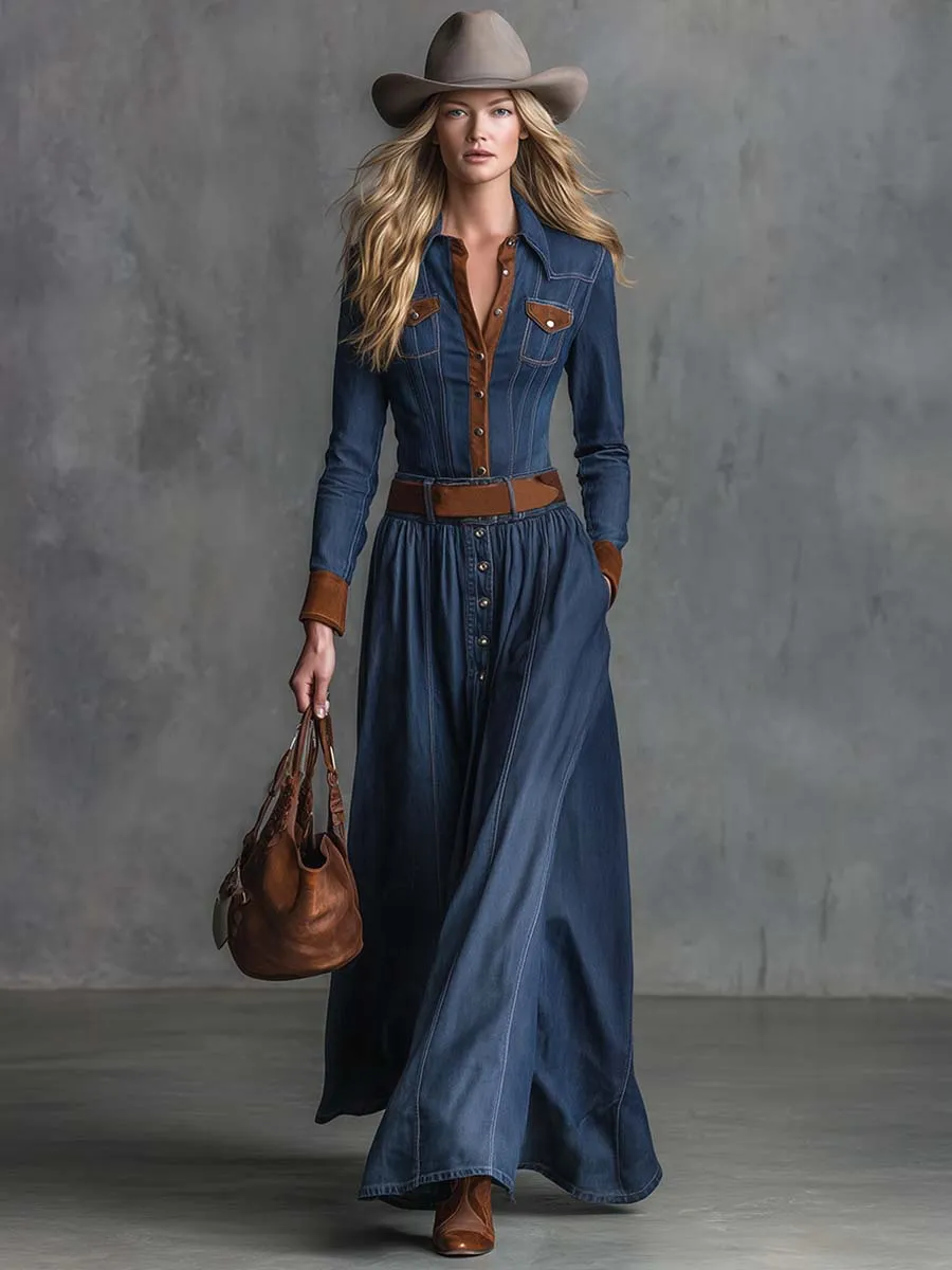 Elegant Retro Western Front Button Brown Suede Trim Dark Blue Denim Maxi Dress sold by Oyrosy product image thumbnail 2