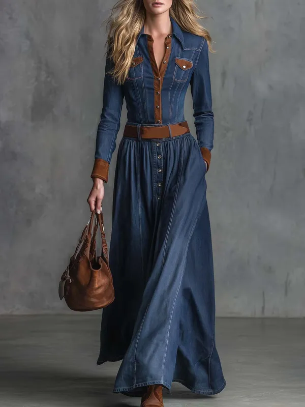 Elegant Retro Western Front Button Brown Suede Trim Dark Blue Denim Maxi Dress sold by Oyrosy