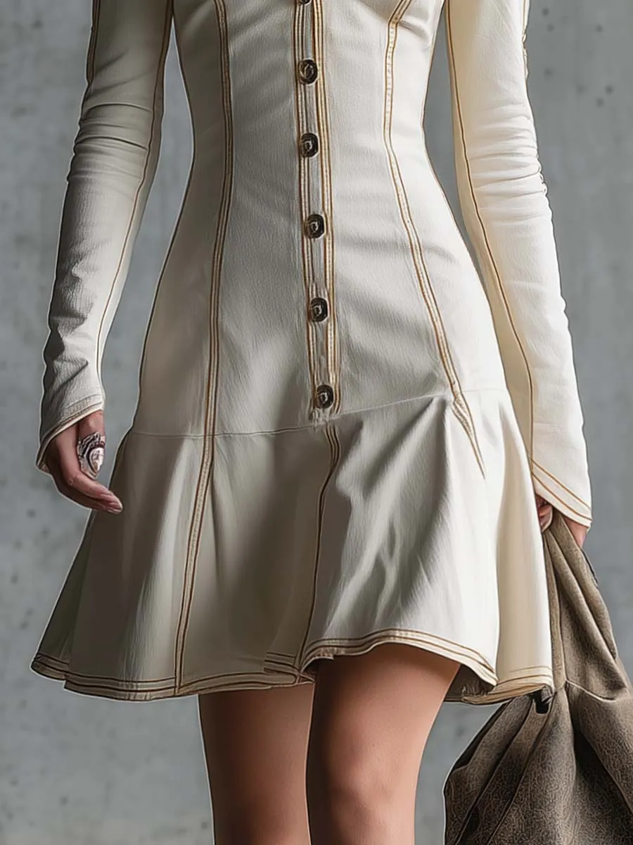 Elegant Retro Sporty V-neck Front Button Ruffled Hem Beige Stitching White Denim Mini Dress sold by Oyrosy product image thumbnail 4