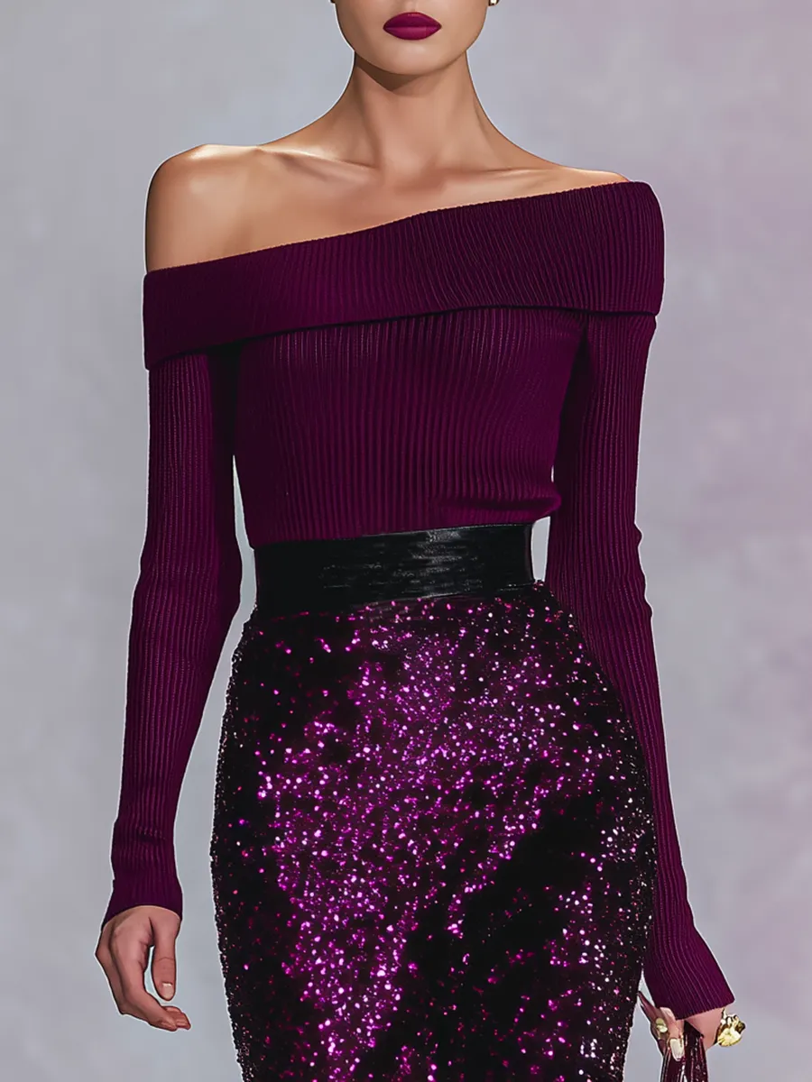 Elegant Sexy Off-shoulder Knit Ribbed Sequined Midi Dress sold by Oyrosy product image thumbnail 3