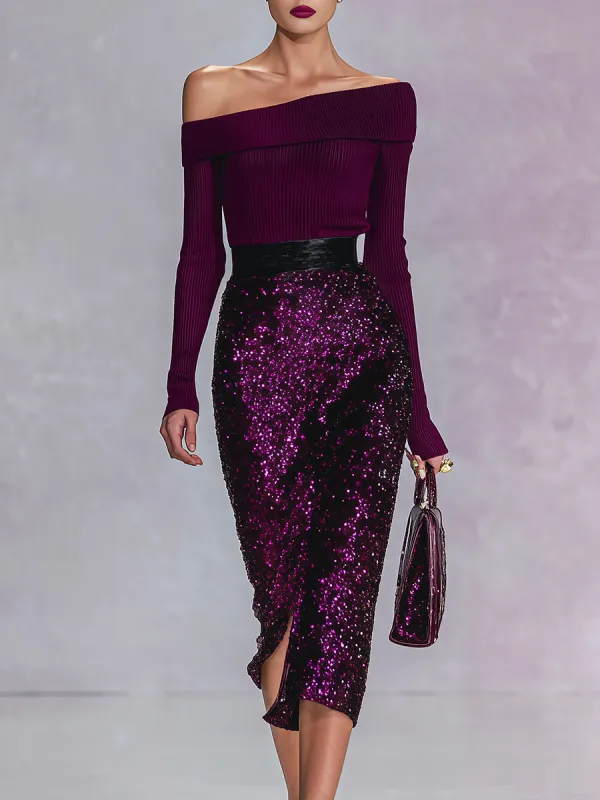 Elegant Sexy Off-shoulder Knit Ribbed Sequined Midi Dress sold by Oyrosy