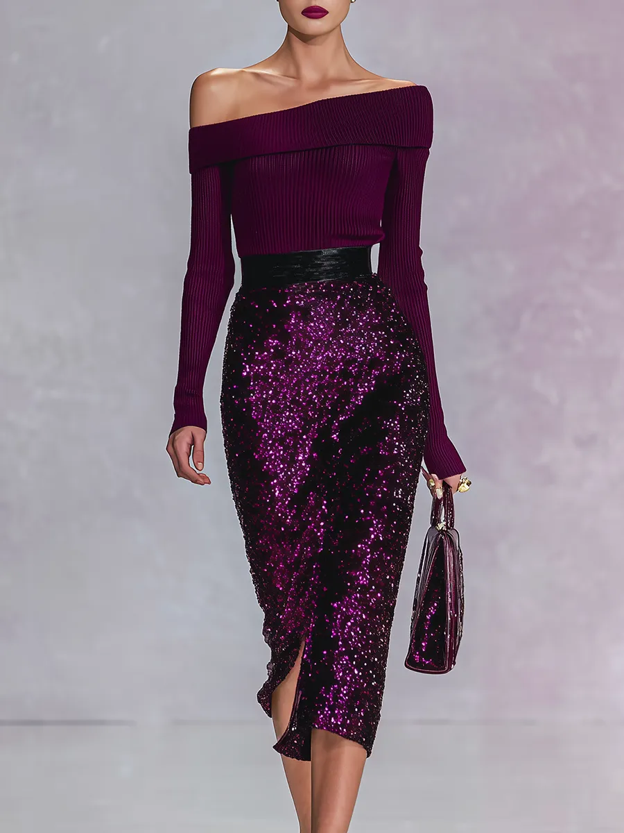 Elegant Sexy Off-shoulder Knit Ribbed Sequined Midi Dress sold by Oyrosy