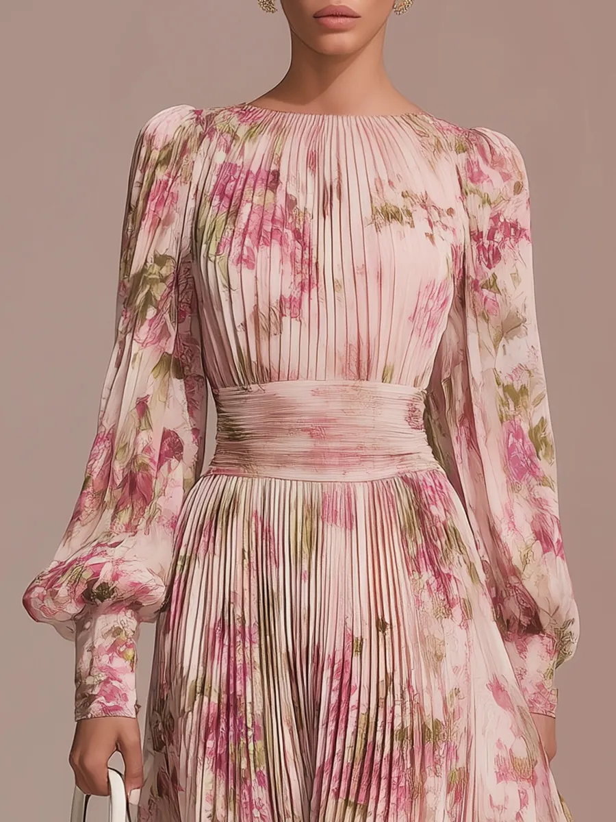 Elegant Floral Print Pleated Chiffon Maxi Dress sold by Oyrosy product image thumbnail 3