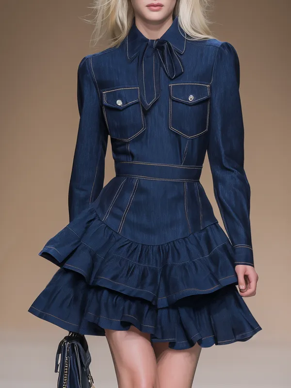 Fashionable Retro Ruffled Denim Mini Dress sold by Oyrosy
