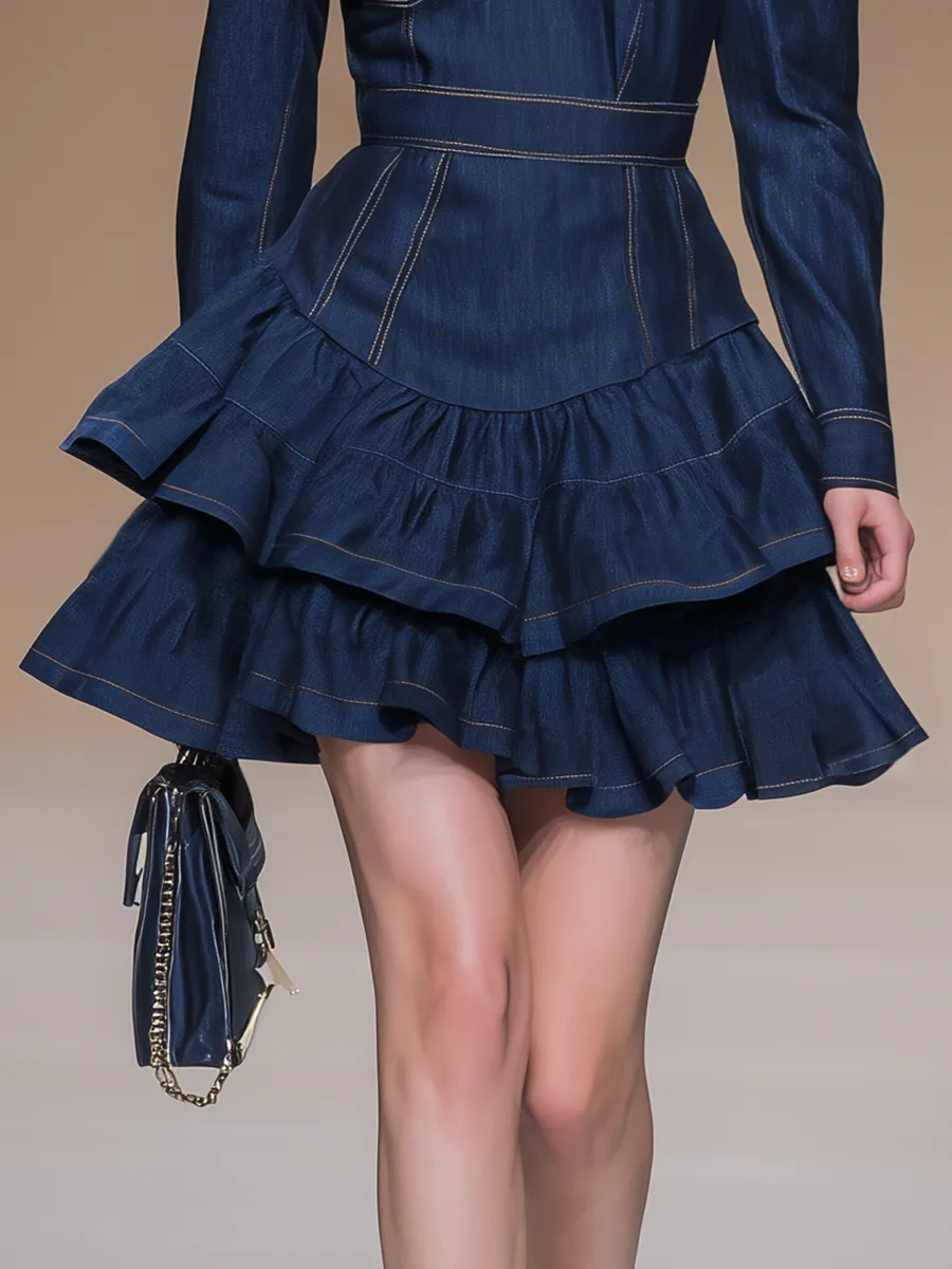 Fashionable Retro Ruffled Denim Mini Dress sold by Oyrosy product image thumbnail 4
