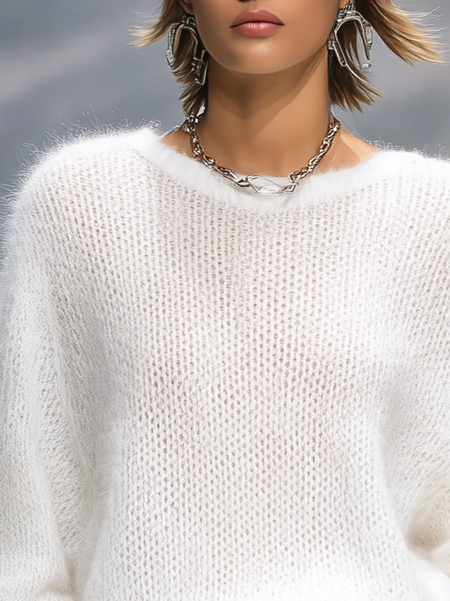 Elegant Solid Color Round Neck Loose Pullover Sweater sold by Oyrosy product image thumbnail 3