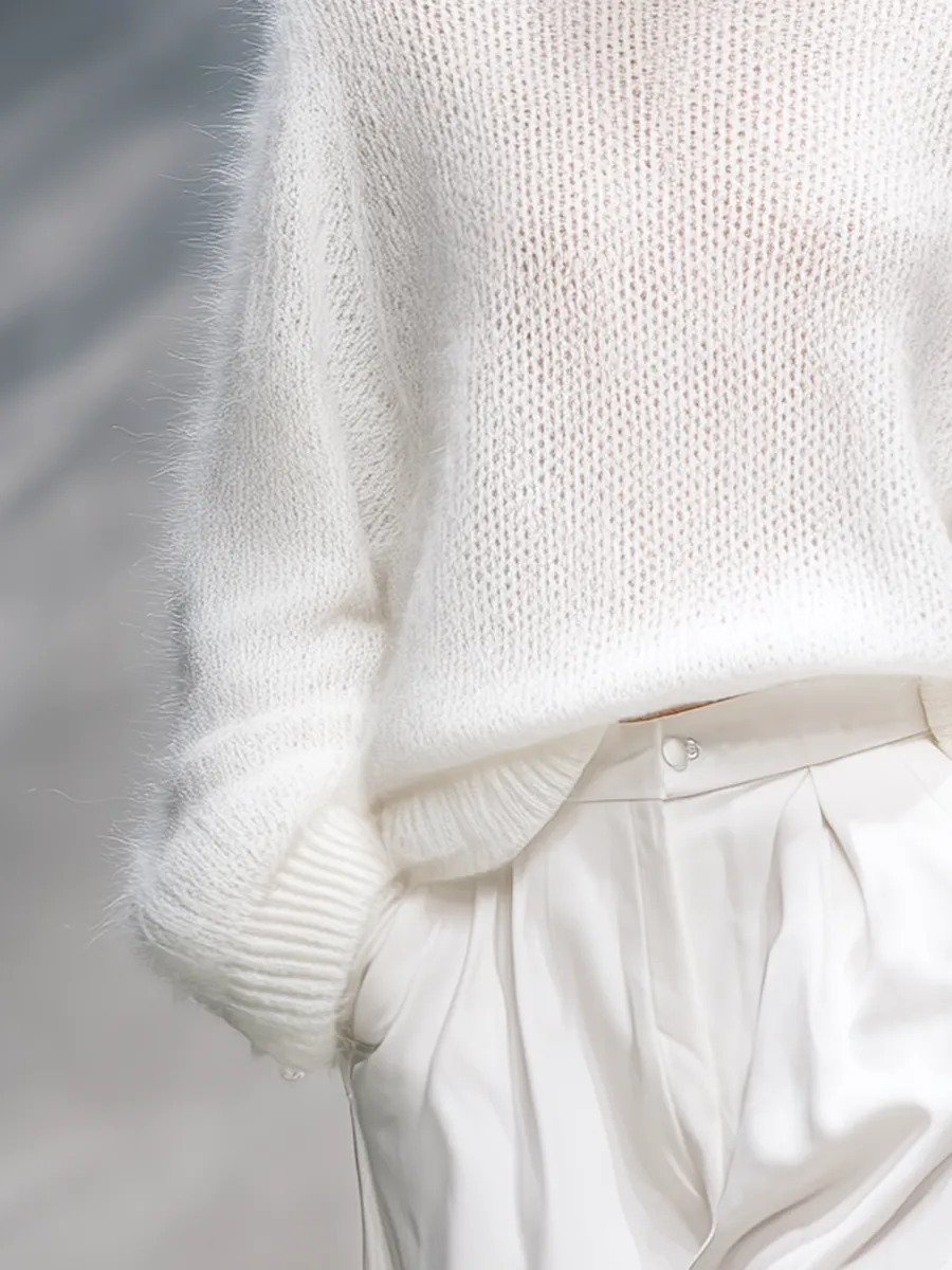 Elegant Solid Color Round Neck Loose Pullover Sweater sold by Oyrosy product image thumbnail 4