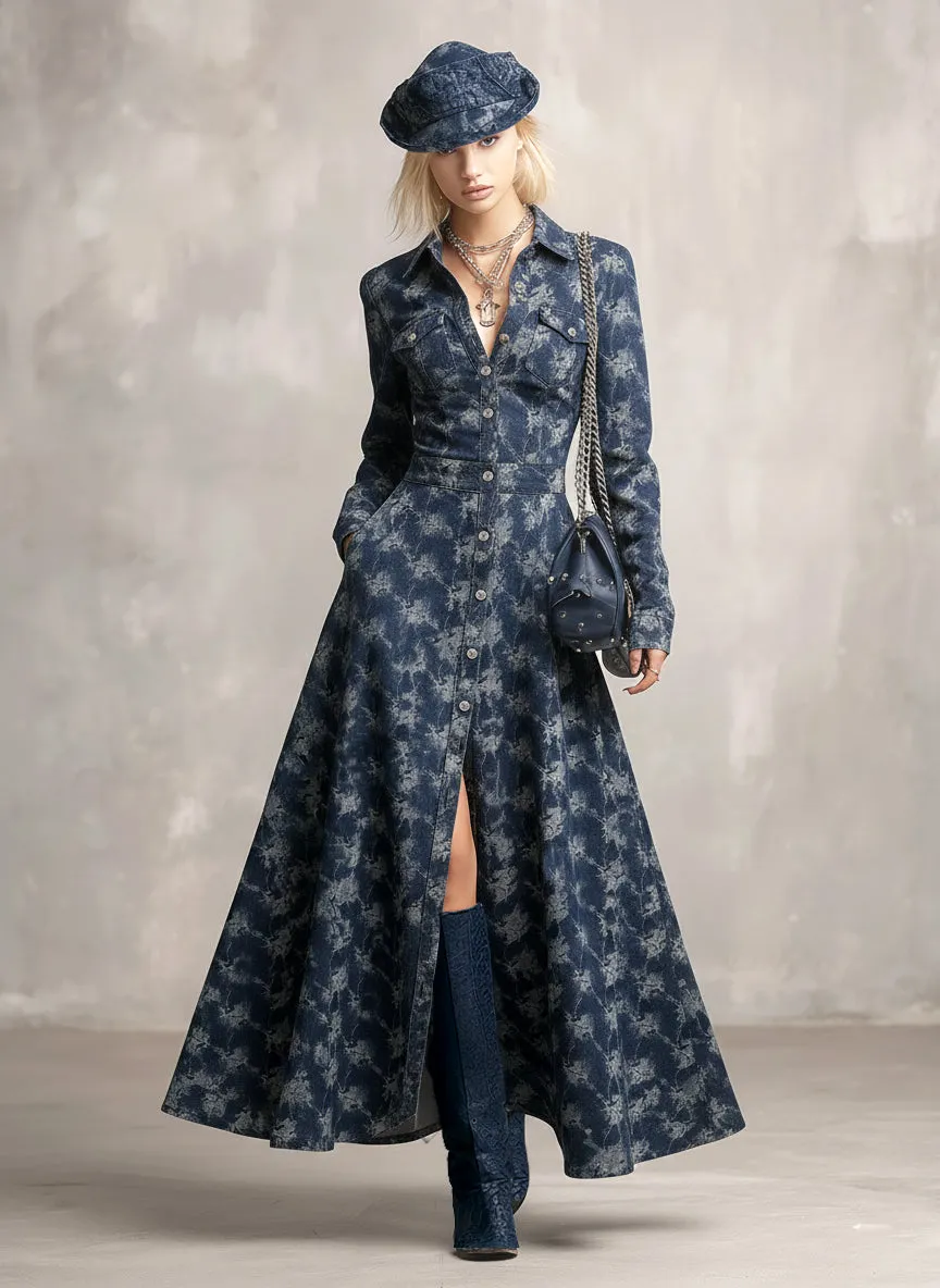 Trendy And Unique Rose Print Collared Blue Denim Button-down Maxi Dress sold by Oyrosy product image thumbnail 2