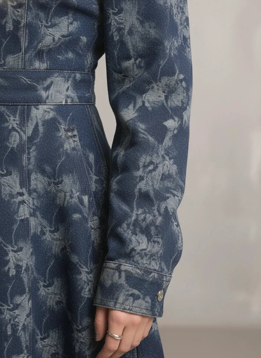 Trendy And Unique Rose Print Collared Blue Denim Button-down Maxi Dress sold by Oyrosy product image thumbnail 4