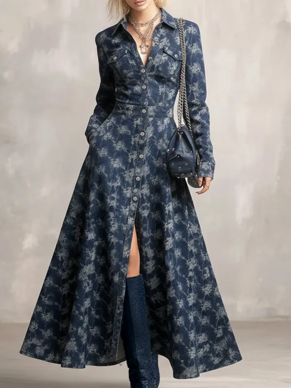 Trendy And Unique Rose Print Collared Blue Denim Button-down Maxi Dress sold by Oyrosy