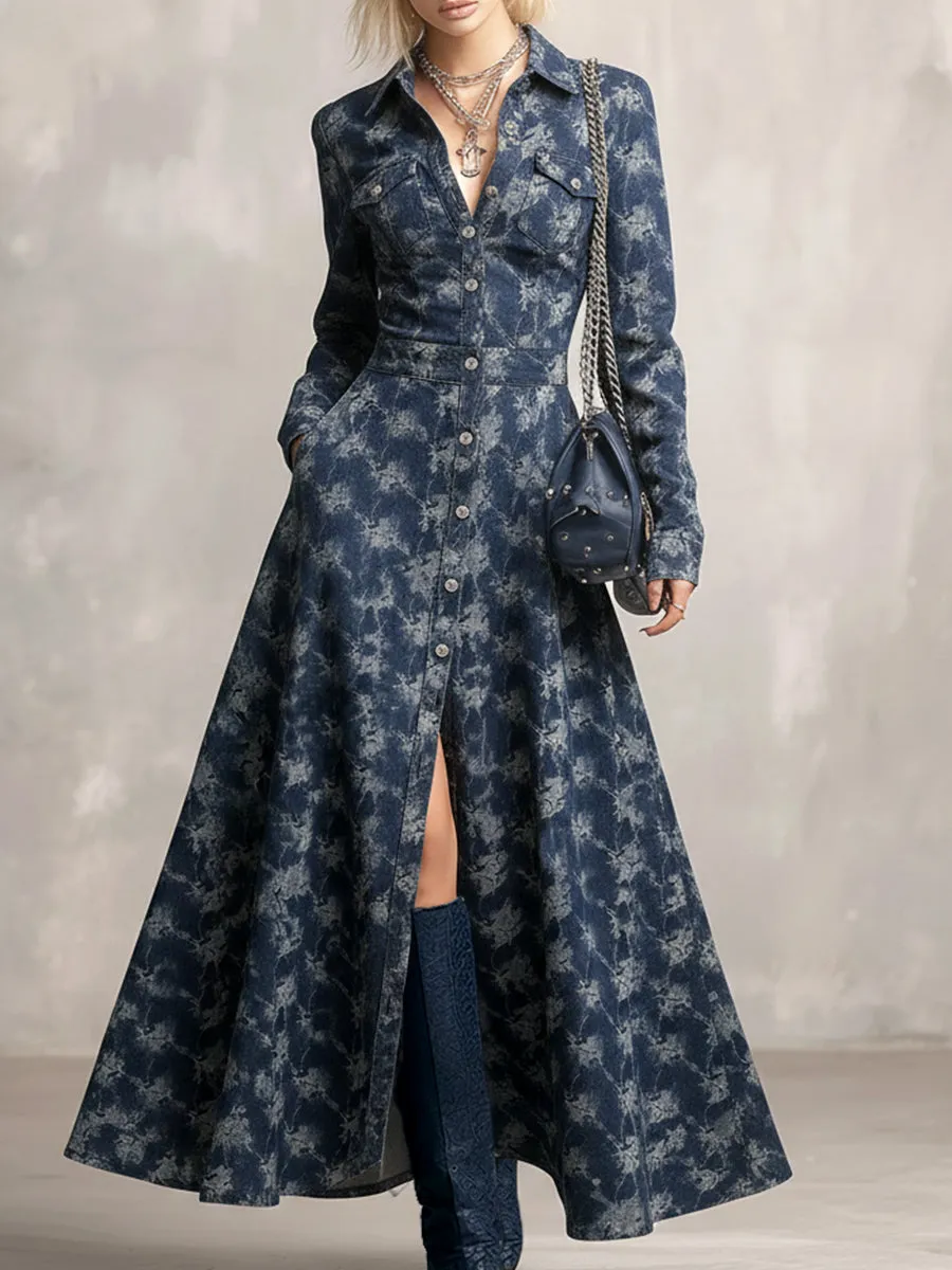 Trendy And Unique Rose Print Collared Blue Denim Button-down Maxi Dress sold by Oyrosy