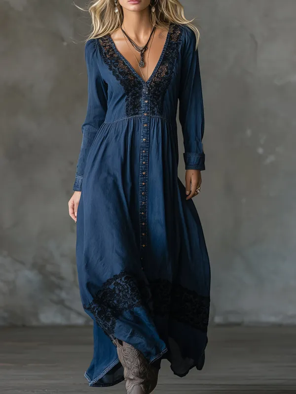 Elegant Loose-fitting Blue Denim Lace-trimmed Maxi Dress sold by Oyrosy