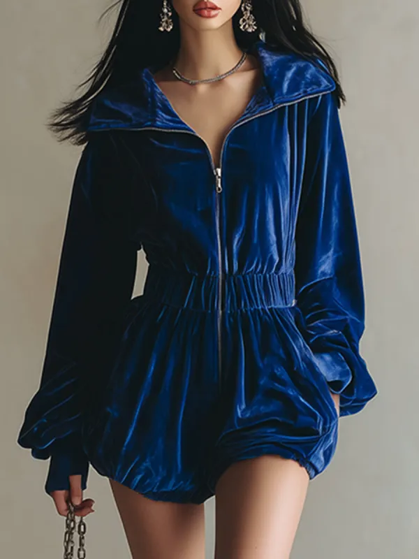Elegant And Stylish Royal Blue Velvet Collared Front Zip-up Shorts Jumpsuit sold by Oyrosy