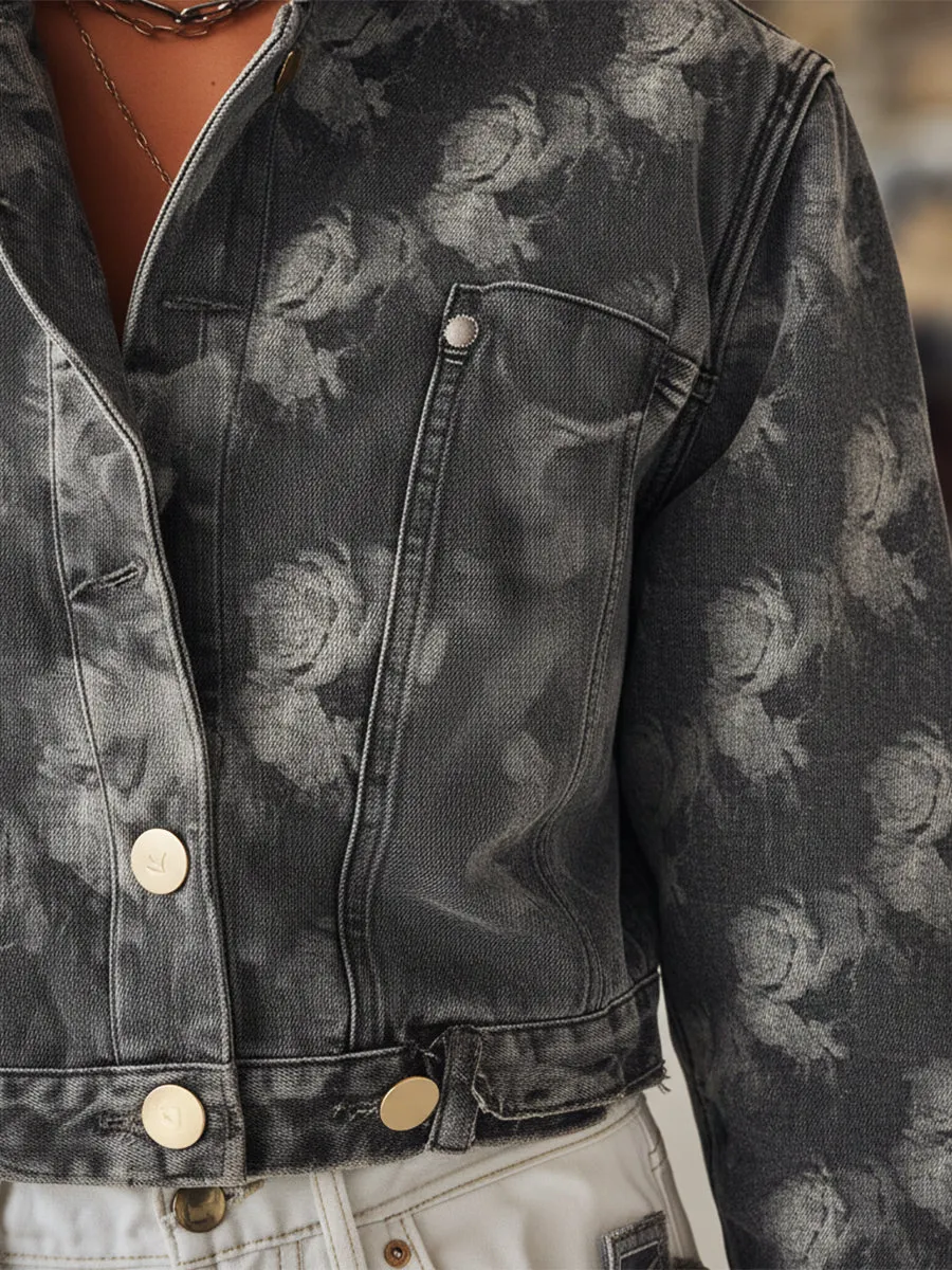 Casual And Stylish Rose Print Gray Denim Cropped Jacket sold by Oyrosy product image thumbnail 3