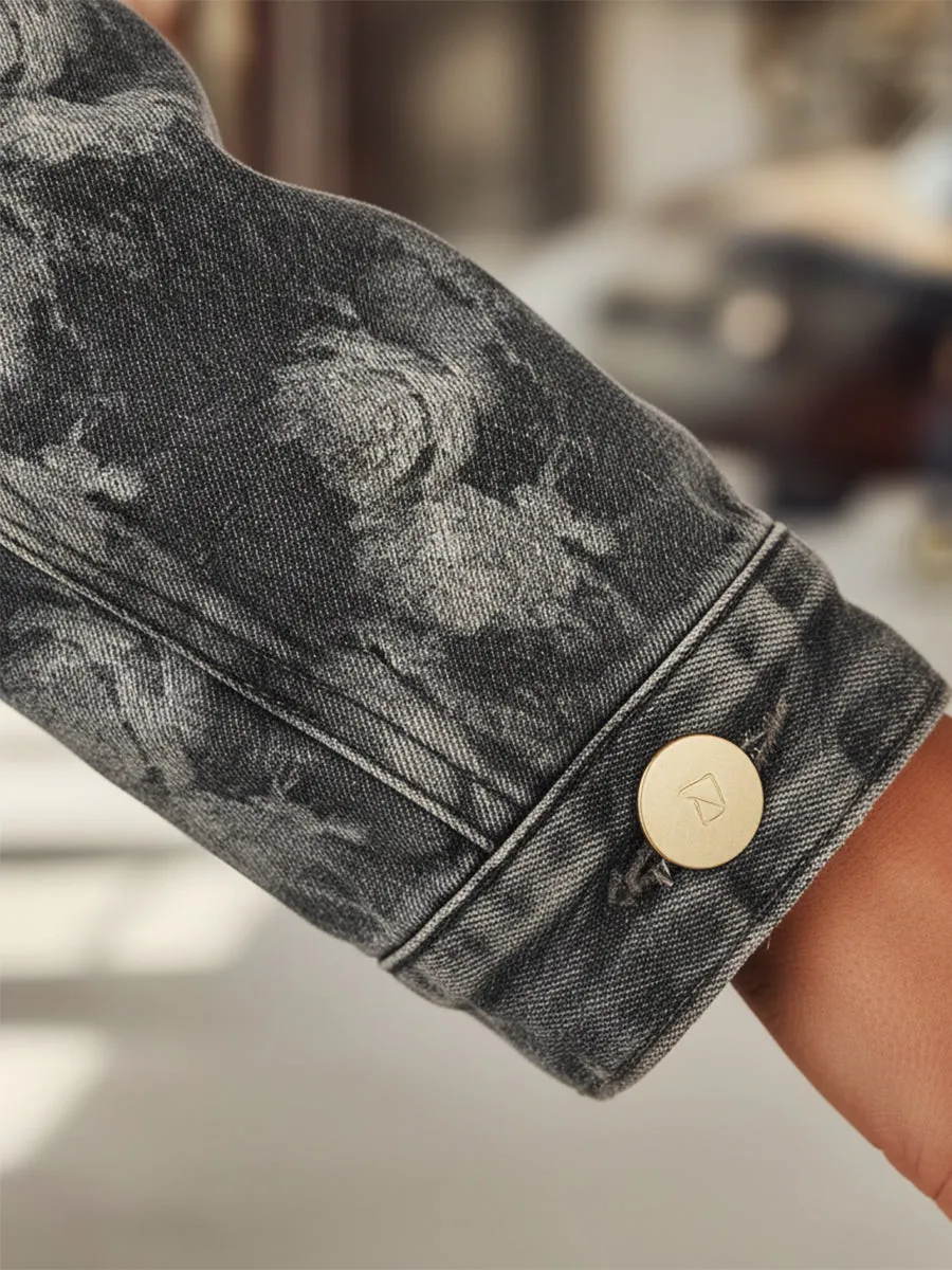 Casual And Stylish Rose Print Gray Denim Cropped Jacket sold by Oyrosy product image thumbnail 4