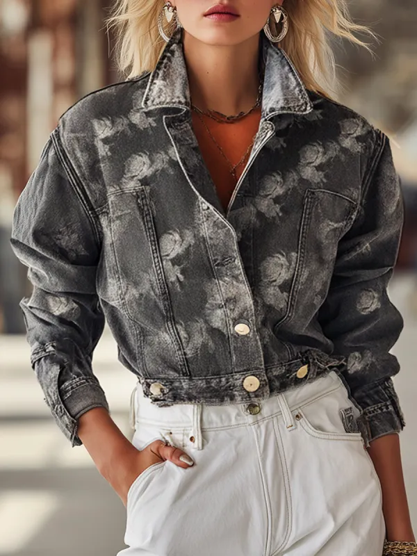 Casual And Stylish Rose Print Gray Denim Cropped Jacket sold by Oyrosy