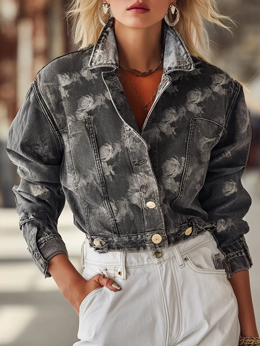 Casual And Stylish Rose Print Gray Denim Cropped Jacket sold by Oyrosy