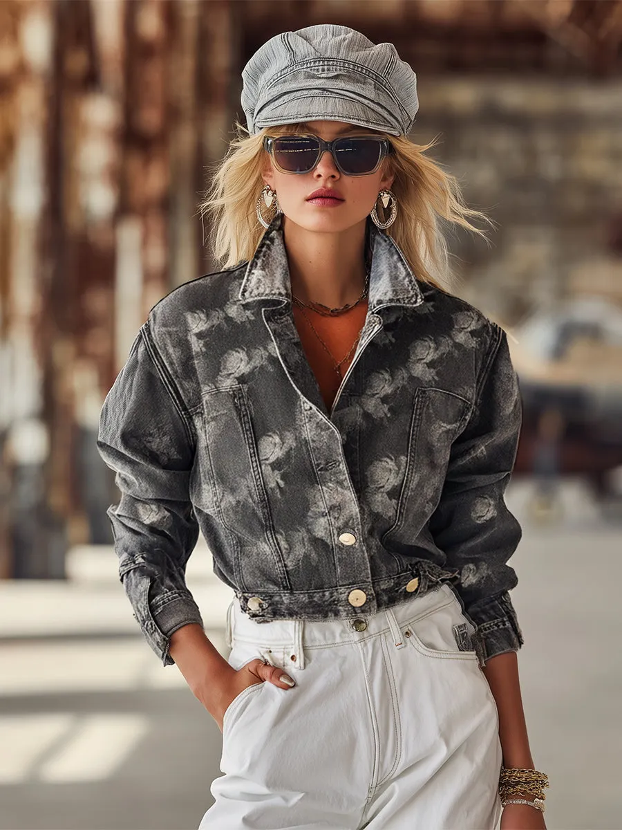 Casual And Stylish Rose Print Gray Denim Cropped Jacket sold by Oyrosy product image thumbnail 2
