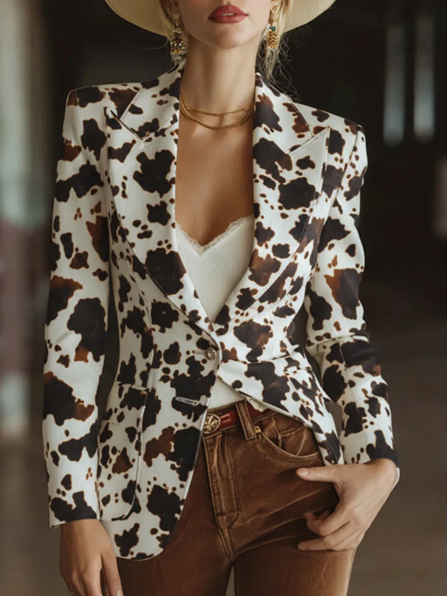 Retro Western White Cow Print Faux Leather Blazer sold by Oyrosy