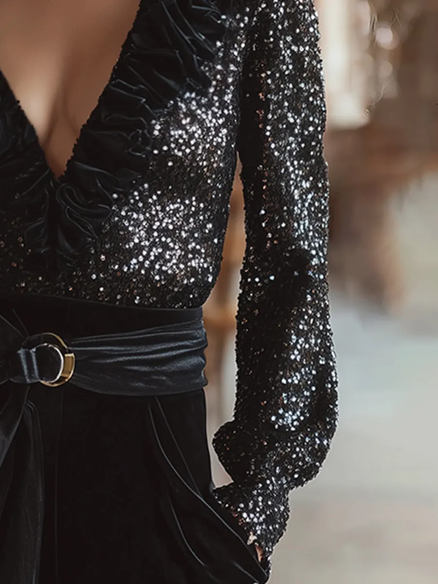 Elegant Party Black Sequined V-neck Ruffle Collar Shirt sold by Oyrosy product image thumbnail 4