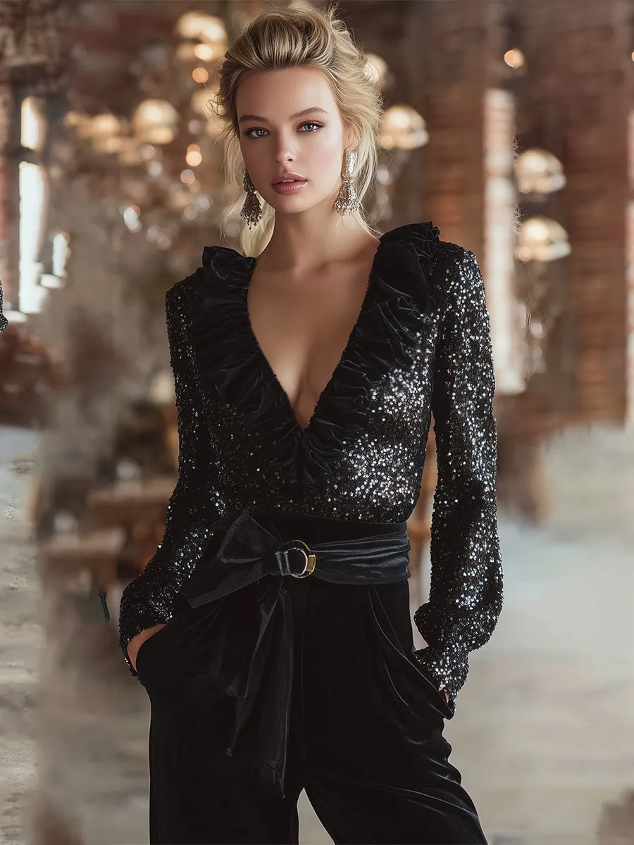 Elegant Party Black Sequined V-neck Ruffle Collar Shirt sold by Oyrosy product image thumbnail 2