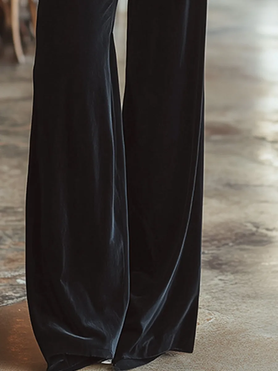 Elegant And Versatile Black Velvet High-waisted Wide-leg Pants sold by Oyrosy product image thumbnail 4
