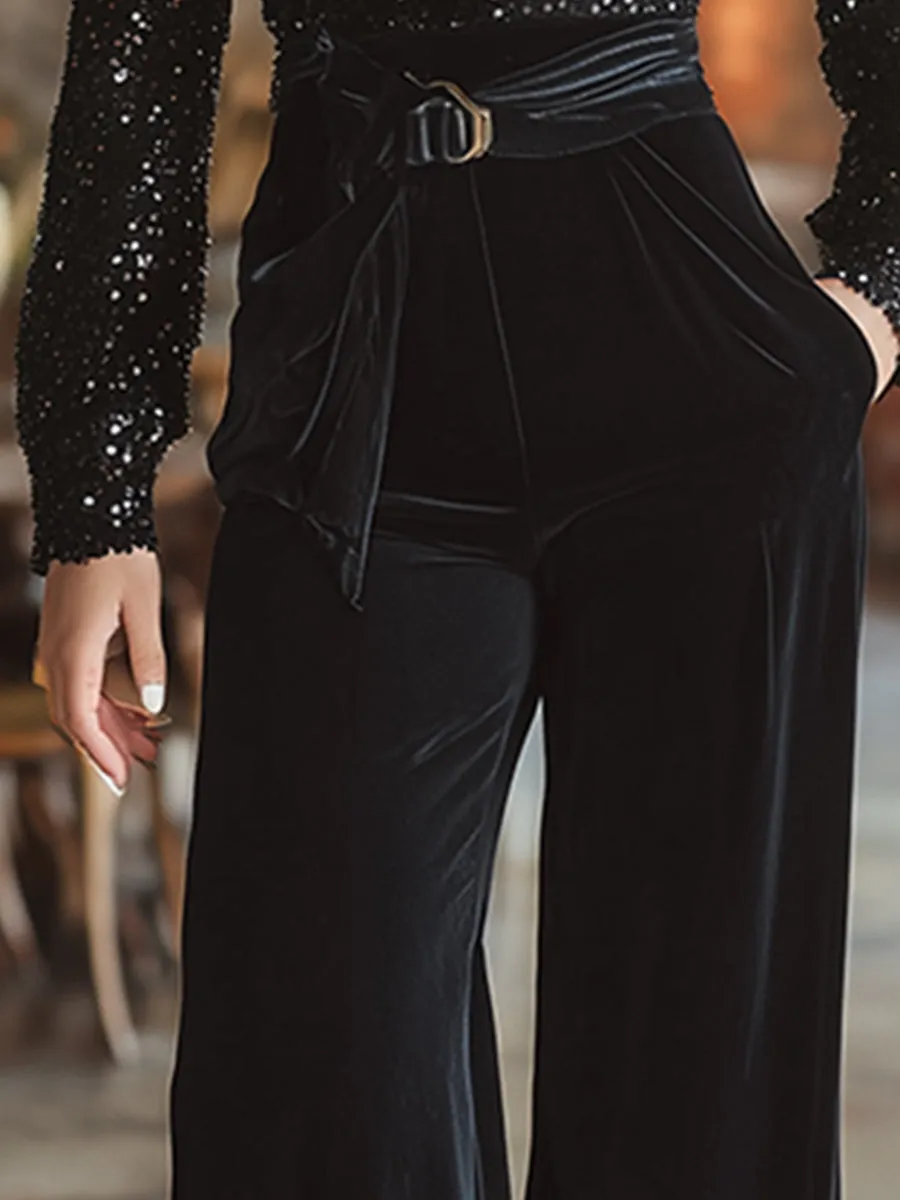 Elegant And Versatile Black Velvet High-waisted Wide-leg Pants sold by Oyrosy product image thumbnail 3