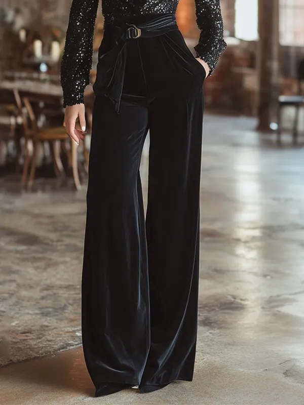 Elegant And Versatile Black Velvet High-waisted Wide-leg Pants sold by Oyrosy
