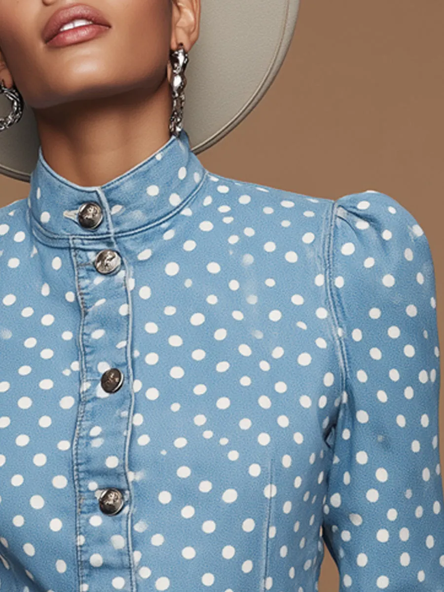 Stylish Retro Polka Dot Light Blue Denim Jacket sold by Oyrosy product image thumbnail 3