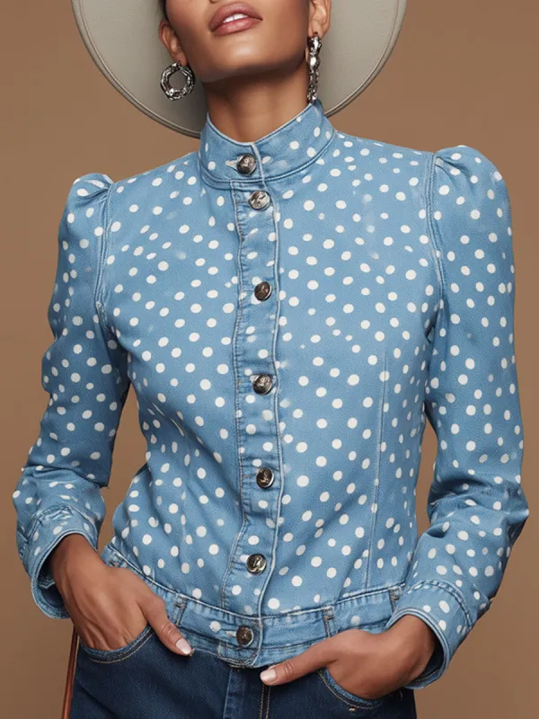Stylish Retro Polka Dot Light Blue Denim Jacket made by Oyrosy
