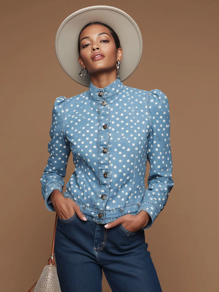 Stylish Retro Polka Dot Light Blue Denim Jacket sold by Oyrosy product image thumbnail 2