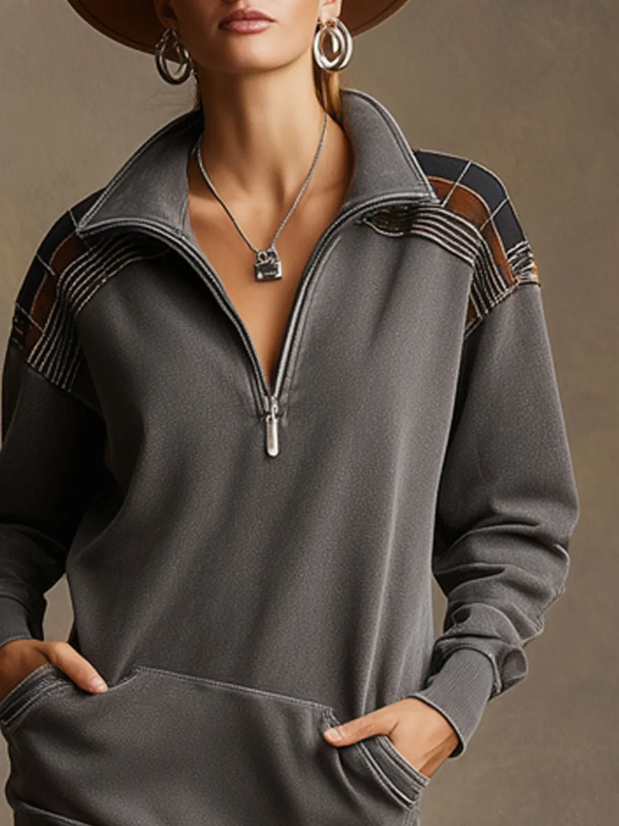 Sporty Retro Dark Gray Washed Cotton Long-sleeved Plaid Mini Dress sold by Oyrosy product image thumbnail 3