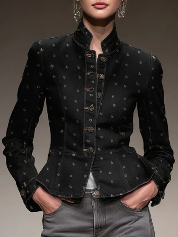 Stylish Retro White Cherry Print Black Denim Jacket sold by Oyrosy