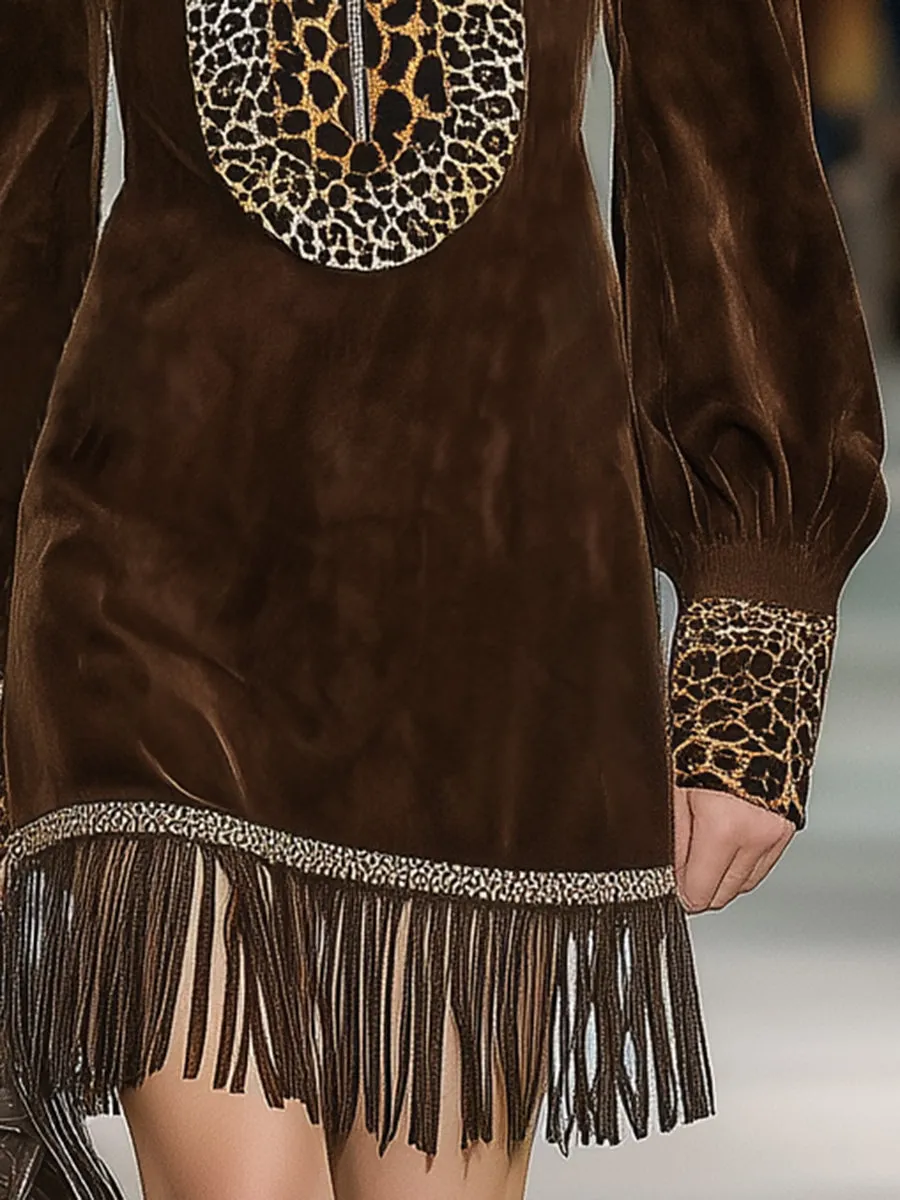 Western Brown Faux Suede Patchwork Leopard Print Zipper Tassel Mini Dress sold by Oyrosy product image thumbnail 4