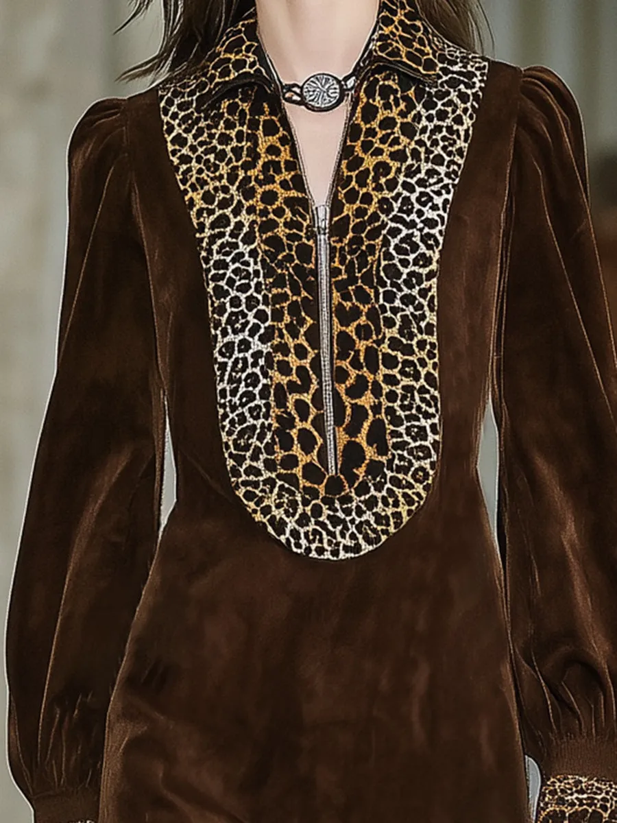 Western Brown Faux Suede Patchwork Leopard Print Zipper Tassel Mini Dress sold by Oyrosy product image thumbnail 3