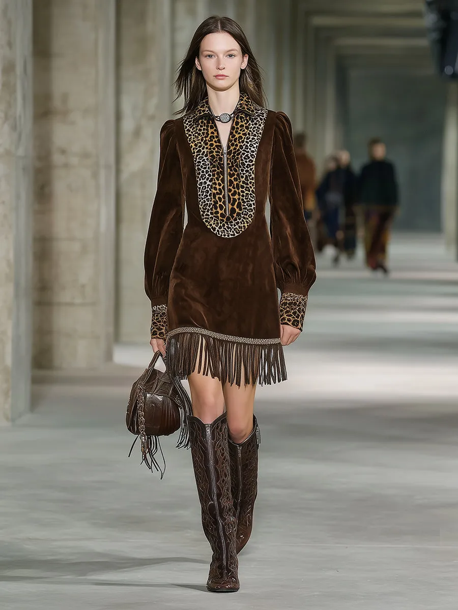 Western Brown Faux Suede Patchwork Leopard Print Zipper Tassel Mini Dress sold by Oyrosy product image thumbnail 2