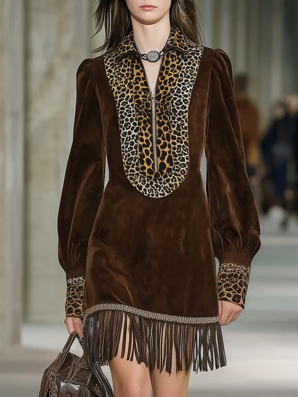 Western Brown Faux Suede Patchwork Leopard Print Zipper Tassel Mini Dress sold by Oyrosy