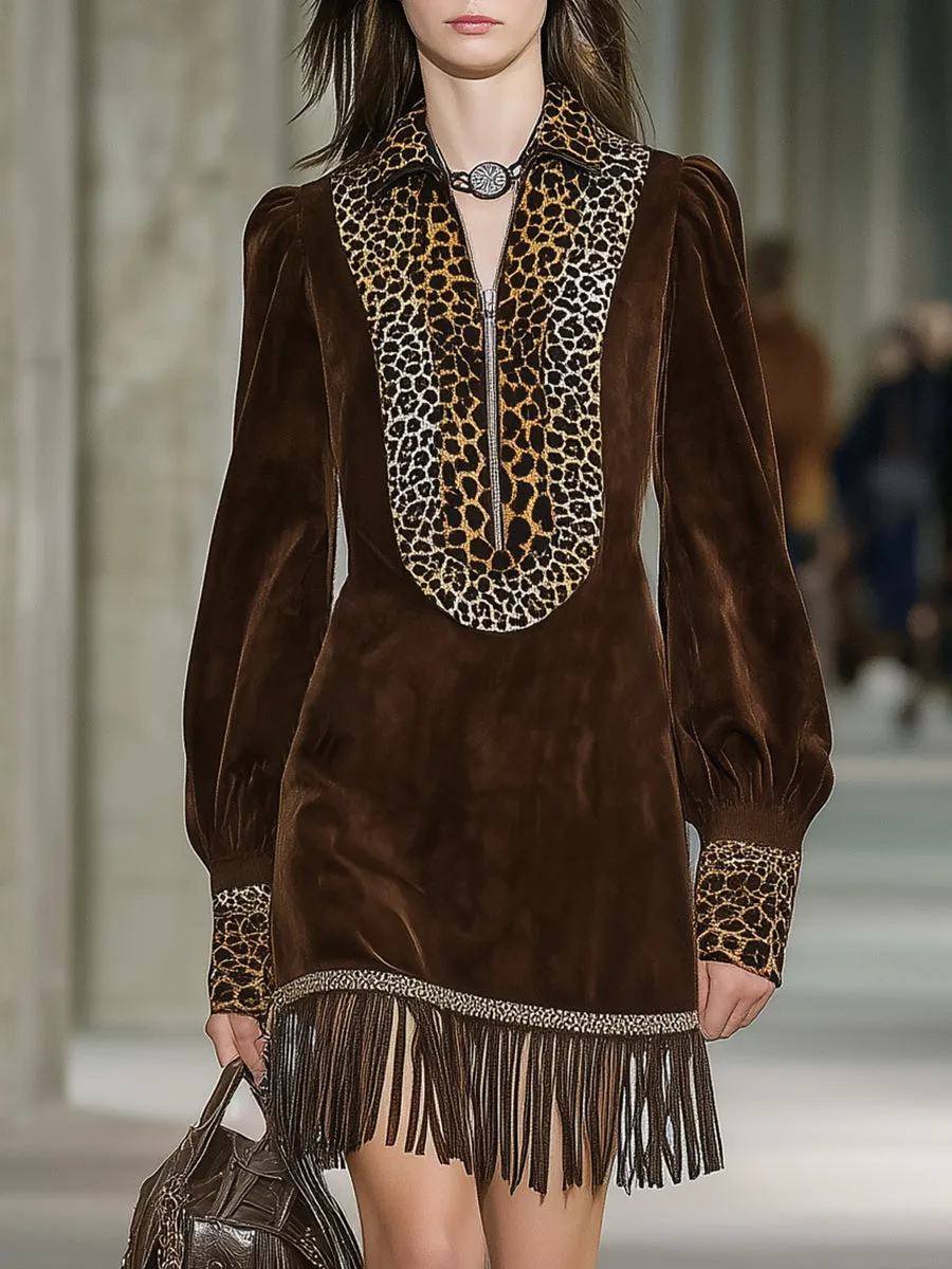 Western Brown Faux Suede Patchwork Leopard Print Zipper Tassel Mini Dress sold by Oyrosy