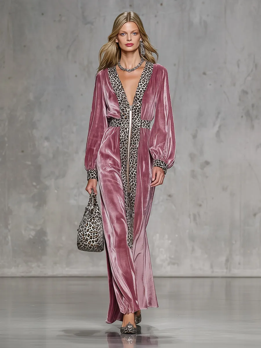 Fashionable Pink Velvet Patchwork Leopard Print Zipper Straight Maxi Dress sold by Oyrosy product image thumbnail 2